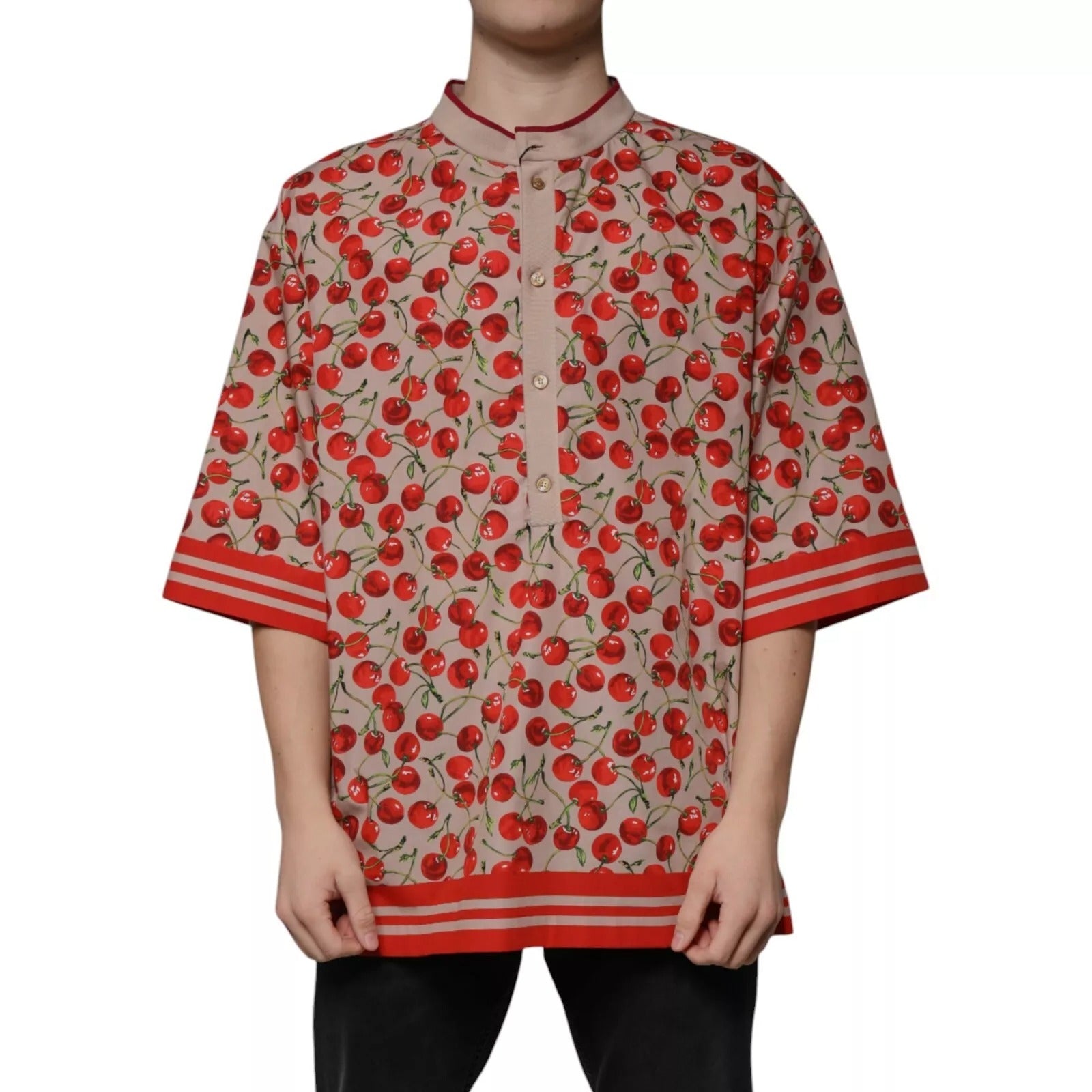 Dolce & Gabbana Beige Cherry Nylon Button-Down Casual Shirt